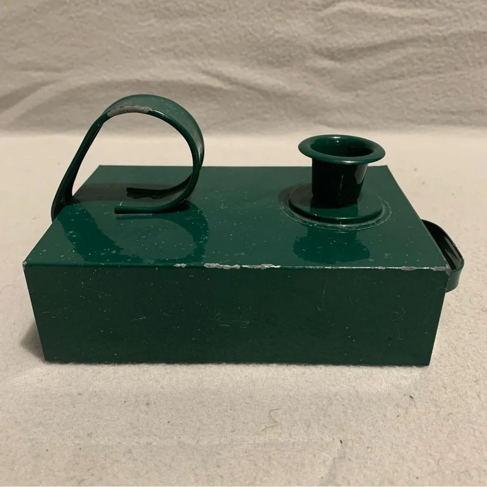 Vtg. Green Metal Chamber Candlestick Holder w/Candle Storage - Candles Included